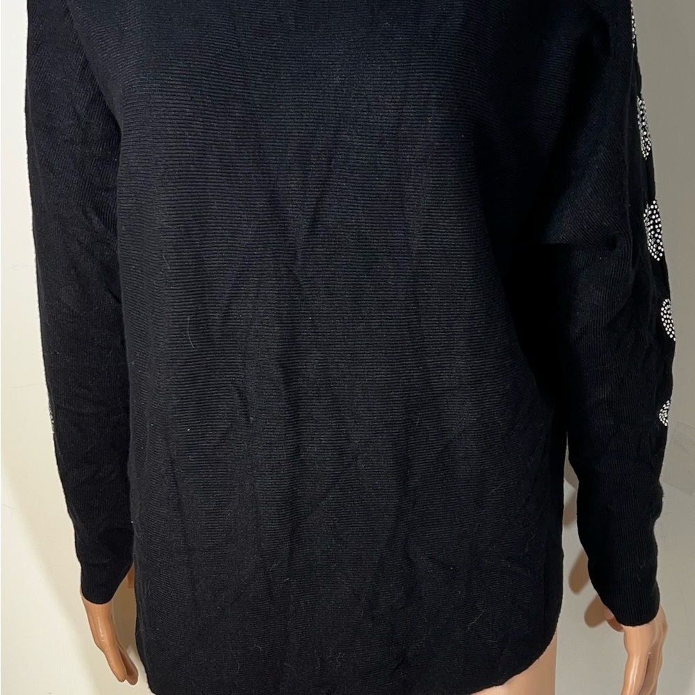 Liv Milano‎ Black Embellished Rhinestones Heart Sleeves Pullover Sweater Sz M